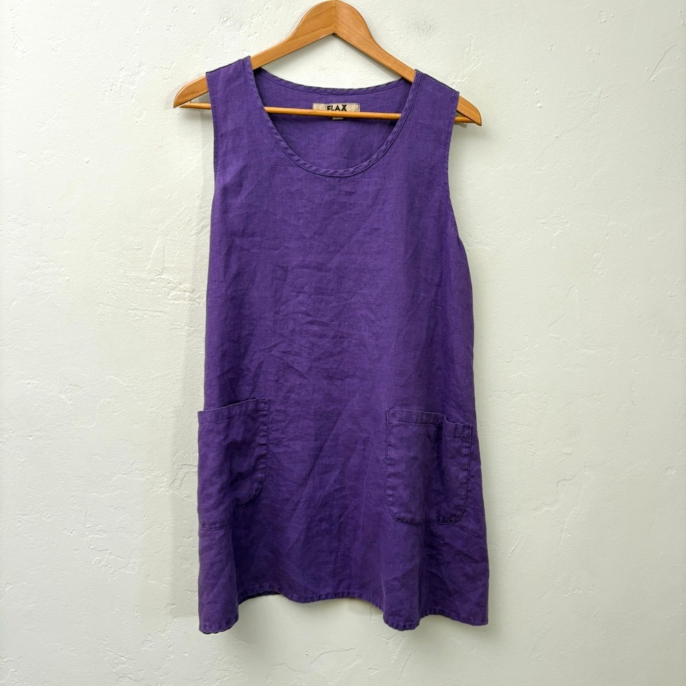 Flax Linen Dress Women Size Small Purple Sleeveless Pockets A Line